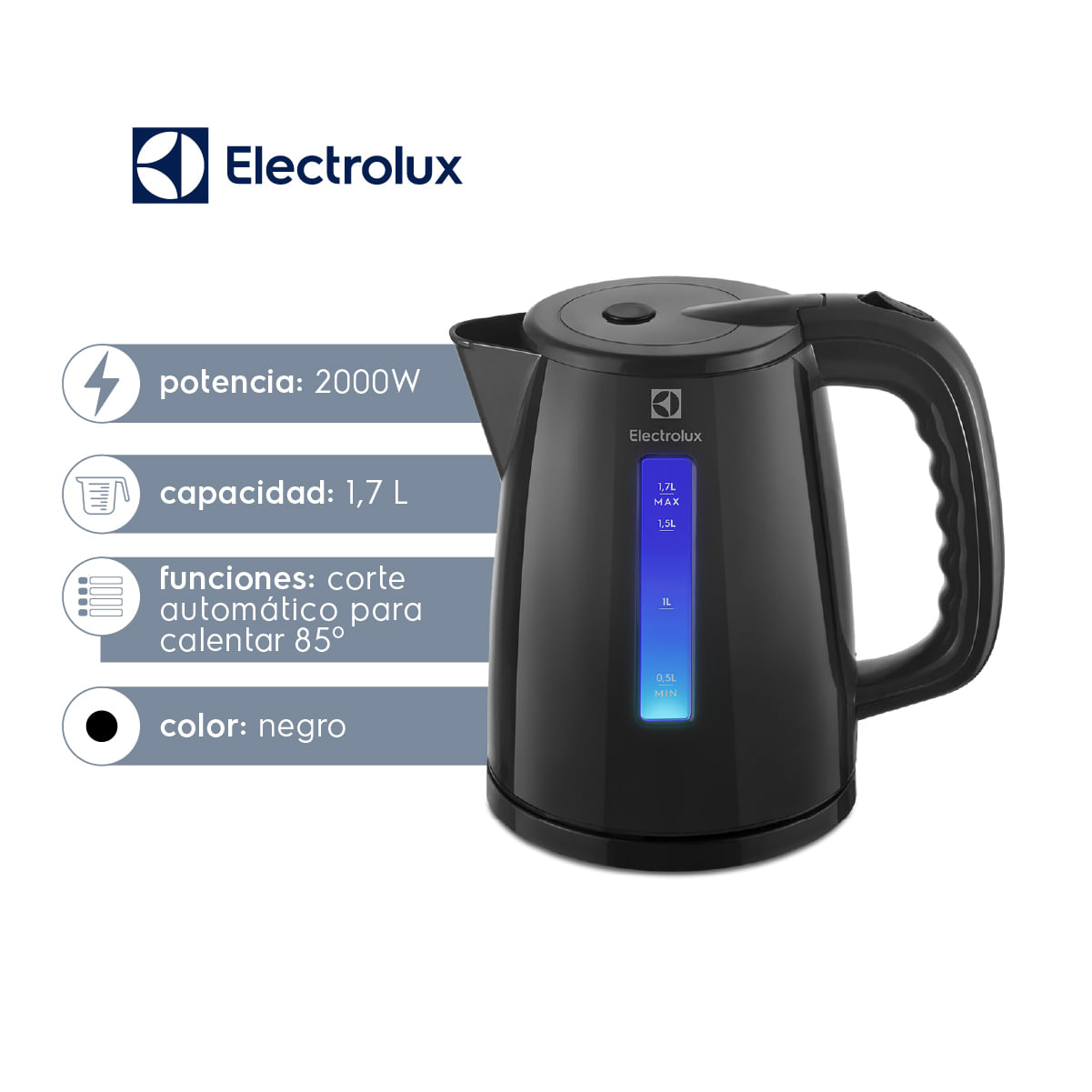 Jarra Electrica Electrolux Eka10 Negra 1.7lt Corte Mate