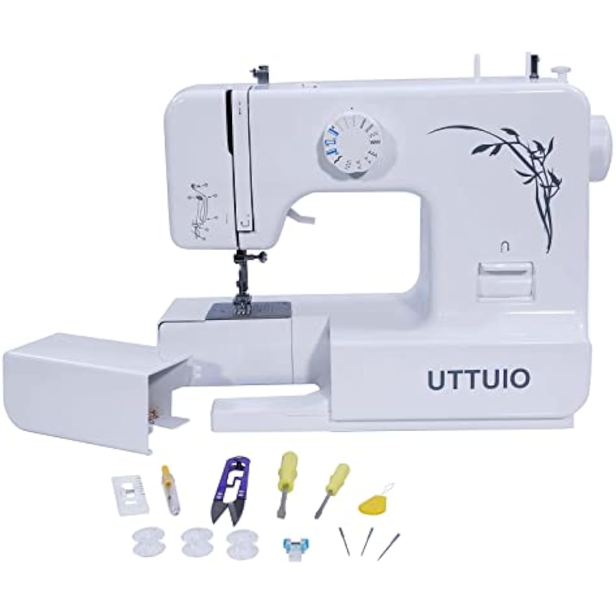 Uttuio Máquina de coser mecánica con kit de accesorios, 63 aplicaciones de puntada, fácil de usar e