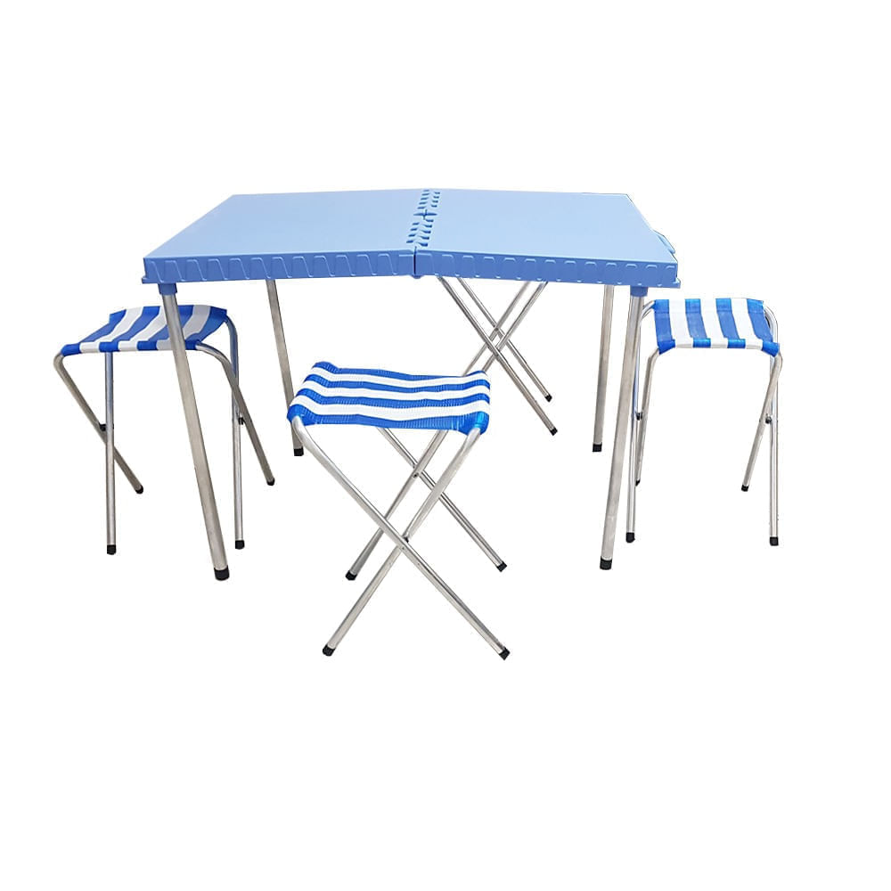 Mesa Plegable Camping Portátil 4 Banquitos Valija Azul