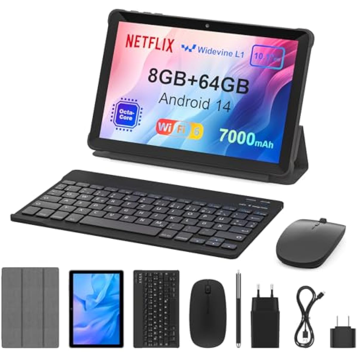 AWOW Tablet de 10 pulgadas con teclado: Android 14 8GB+64GB Widevine L1 8-Core CPU Tablet PC 7000mAh