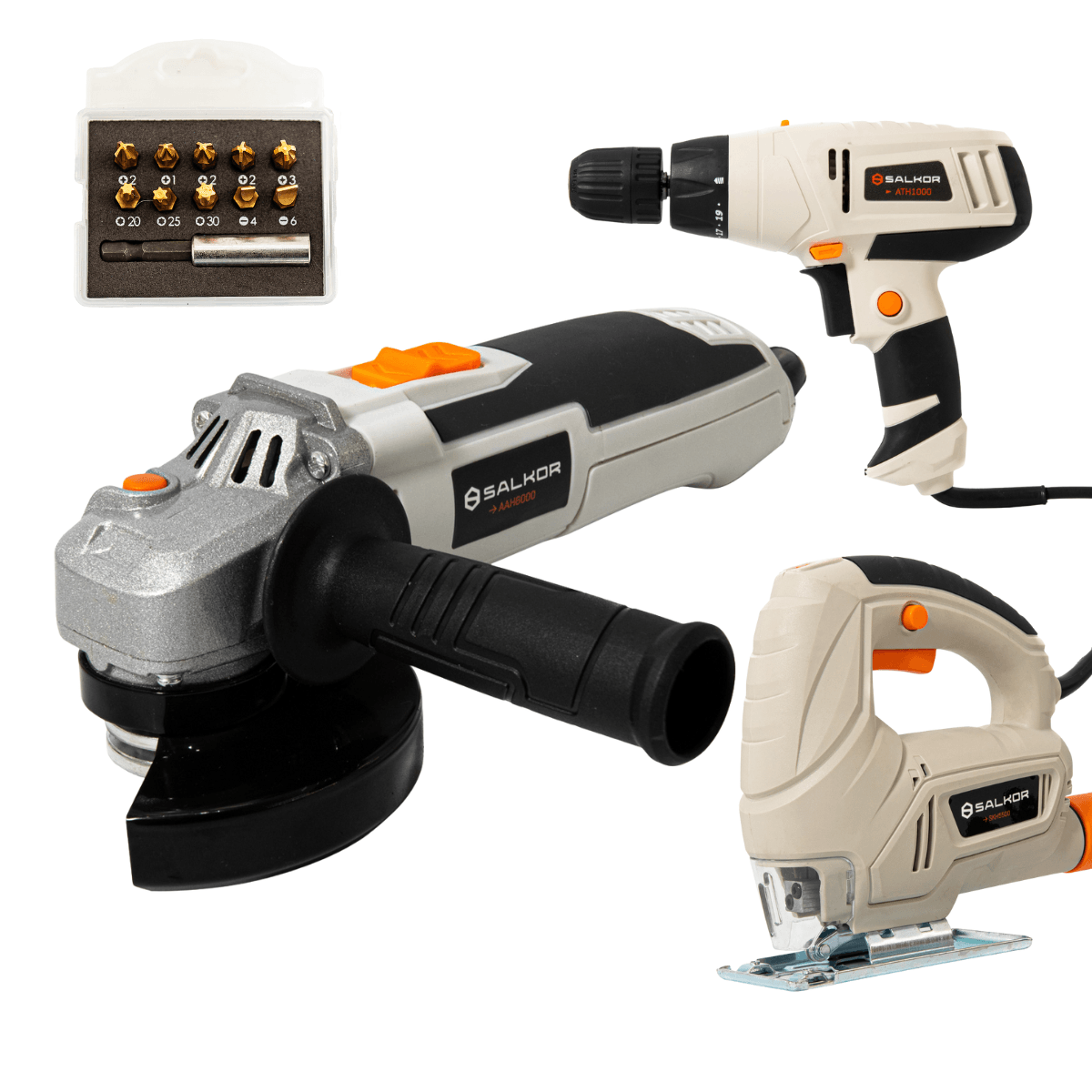 Combo Caladora + Taladro Atornillador + Amoladora + Set Puntas