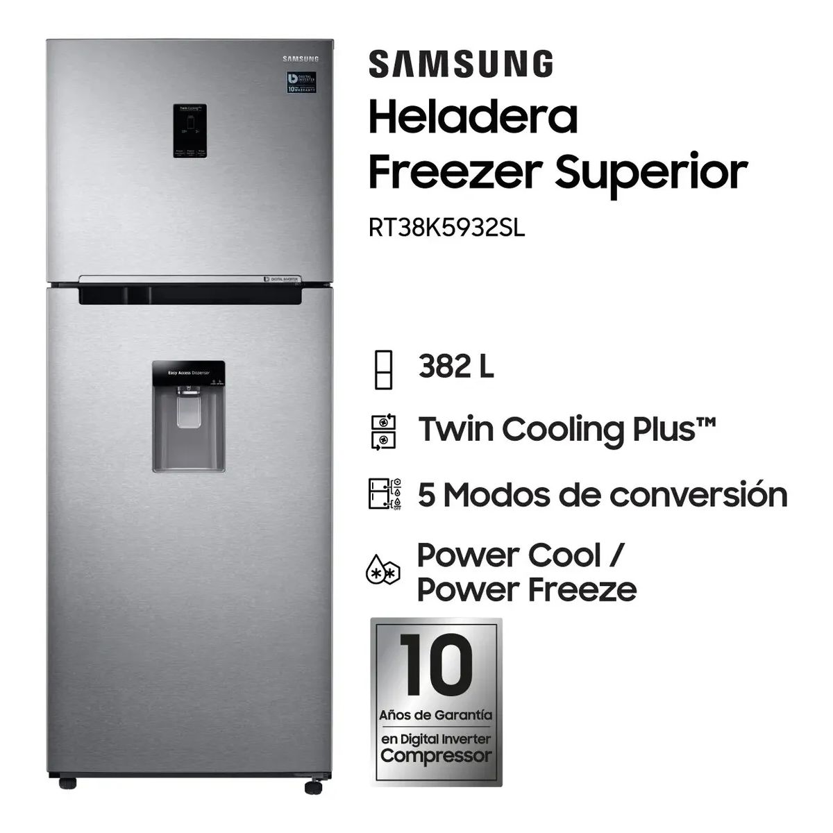 Heladera Samsung 382L Rt38K5932Sl No Frost Silver Dispenser