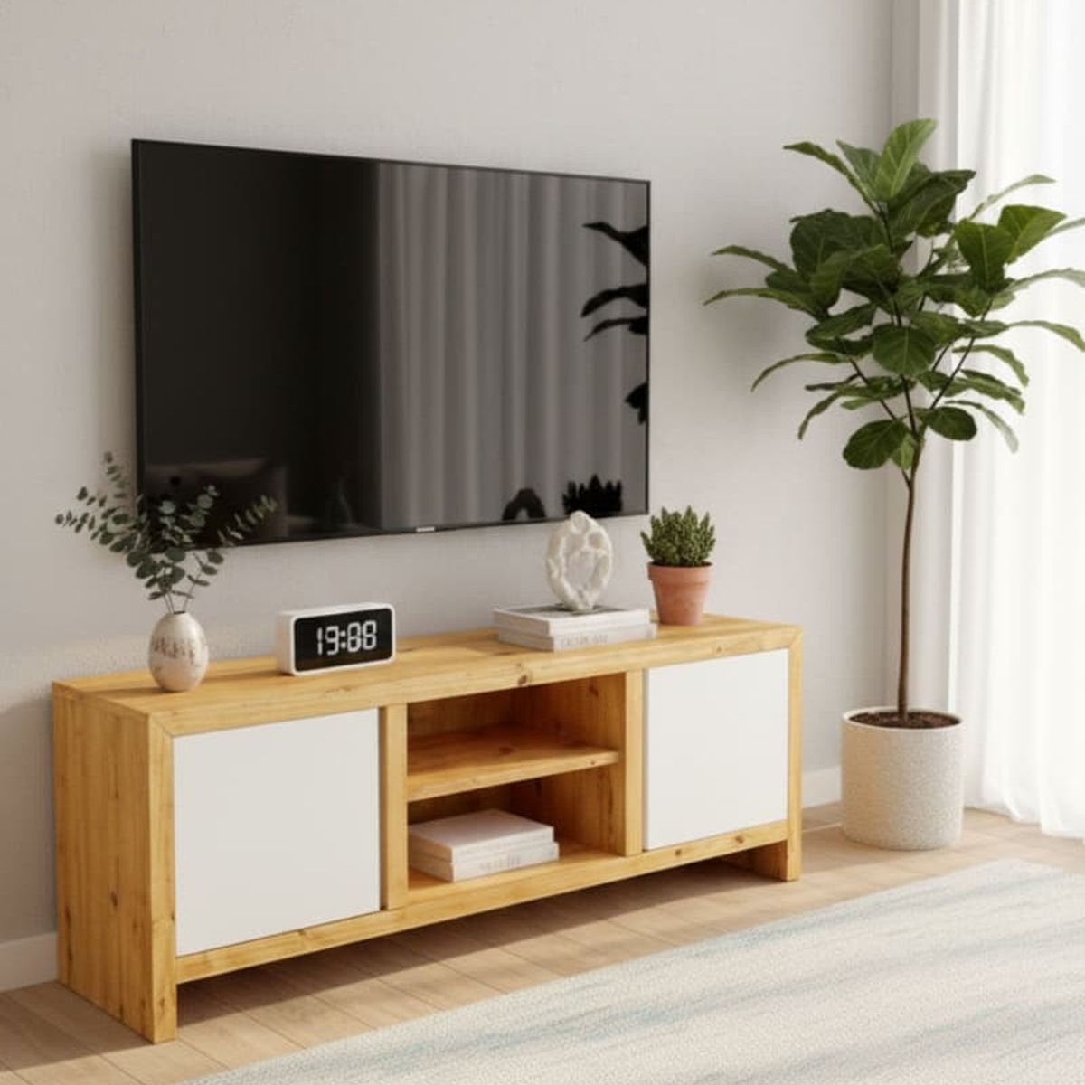 Rack Tv Nórdico Pinoshop Pino Cl Roble Puerta Melamina