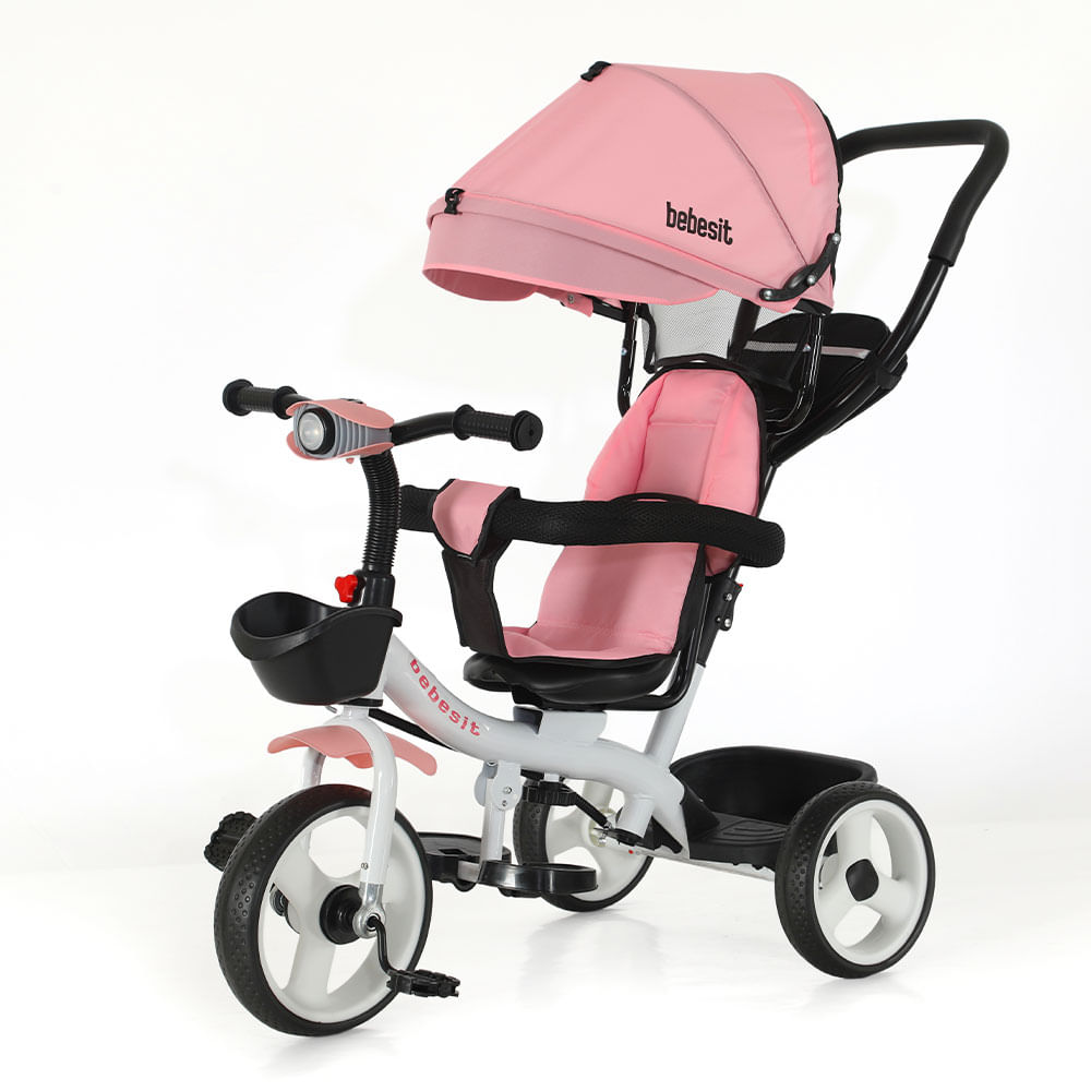 Triciclo Bebesit rosa y blanco 360° Joy 3 con luz y barra de empuje