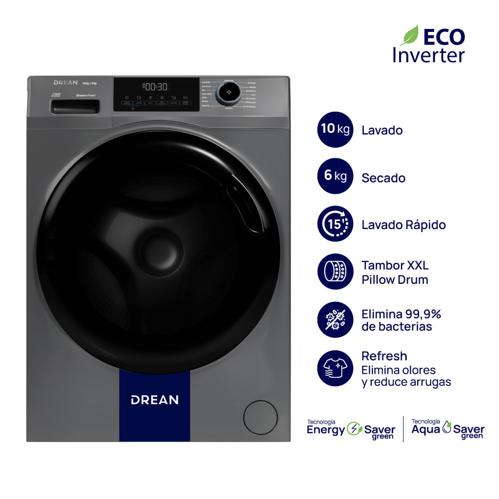 Lavasecarropas Carga Frontal Ecoinverter 10 Kg Gris Drean LSCDR1006SG0