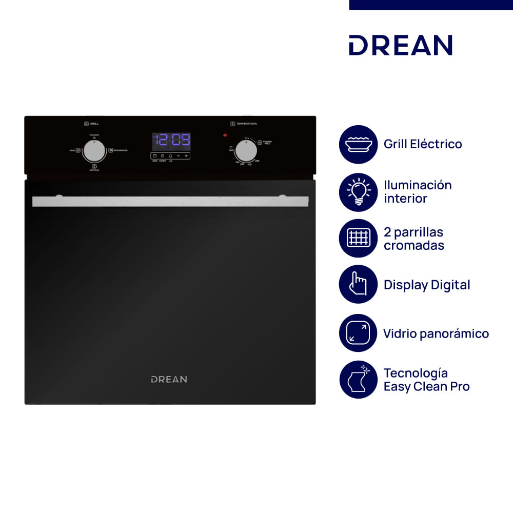 Horno A Gas Empotrable 60 cm Negro Digital Drean HGDR601CN
